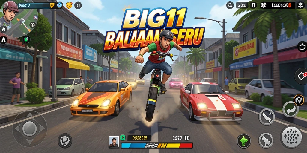Tampilan gameplay BIG11 dengan mobil balap yang melaju cepat.