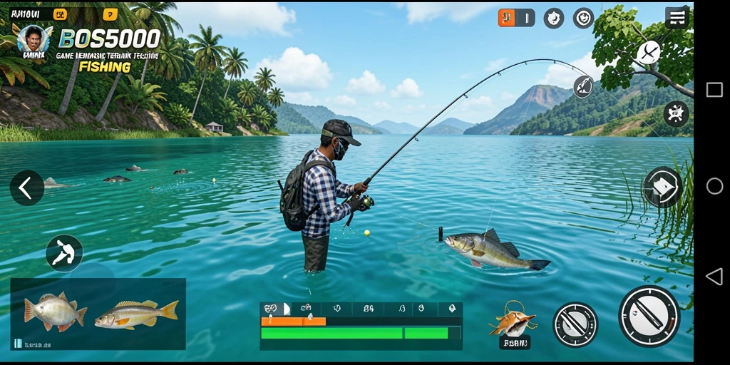 Screenshot gameplay BOS5000 yang memperlihatkan aktivitas memancing yang seru.