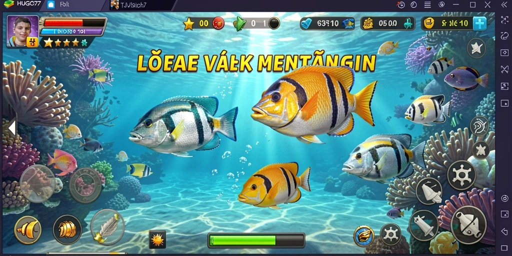 Tampilan gameplay seru dalam HUGO77 dengan berbagai ikan yang menunggu untuk ditangkap.